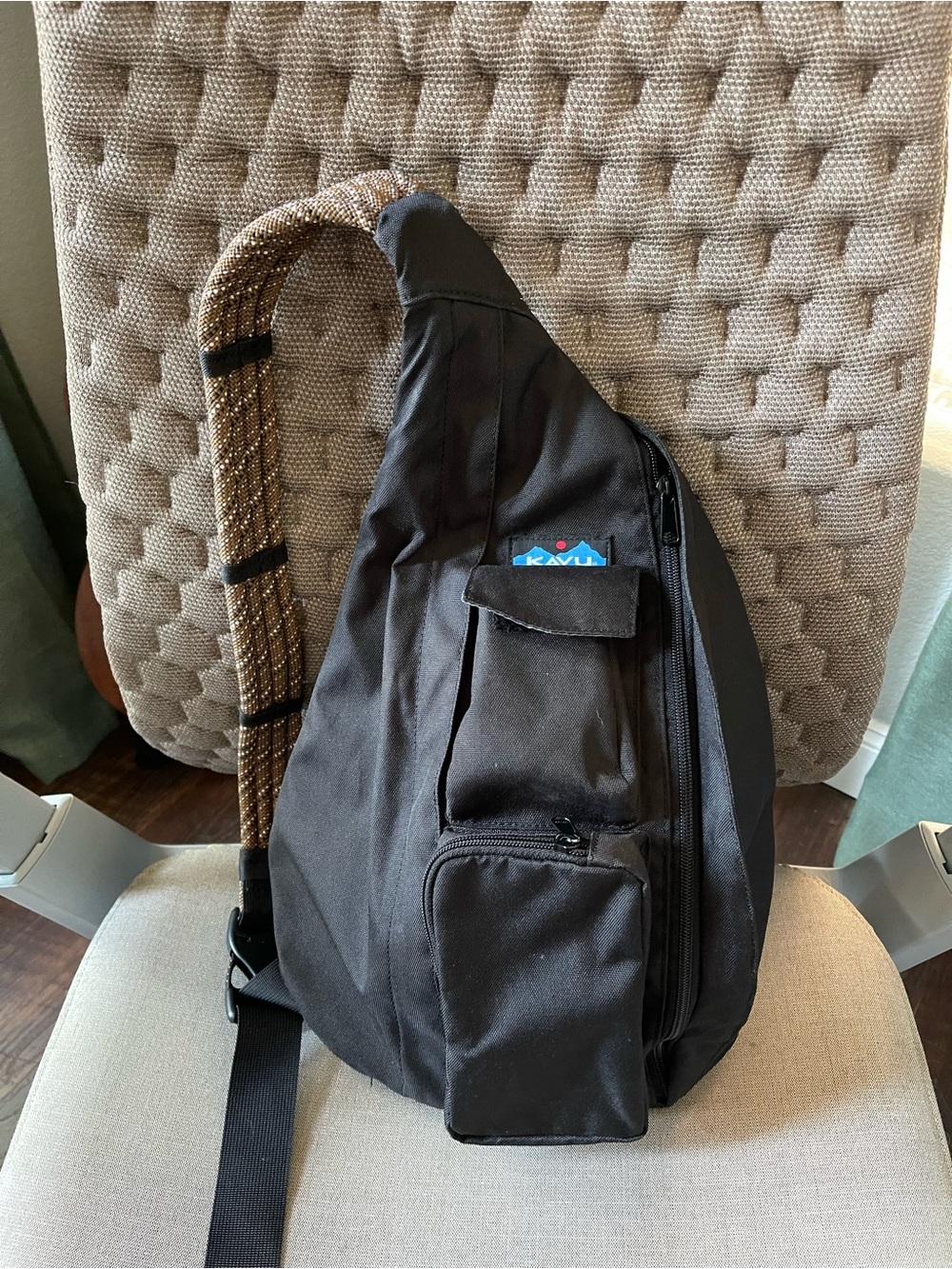 Kavu Black Rope Sling Bag with Brown Strap Accent